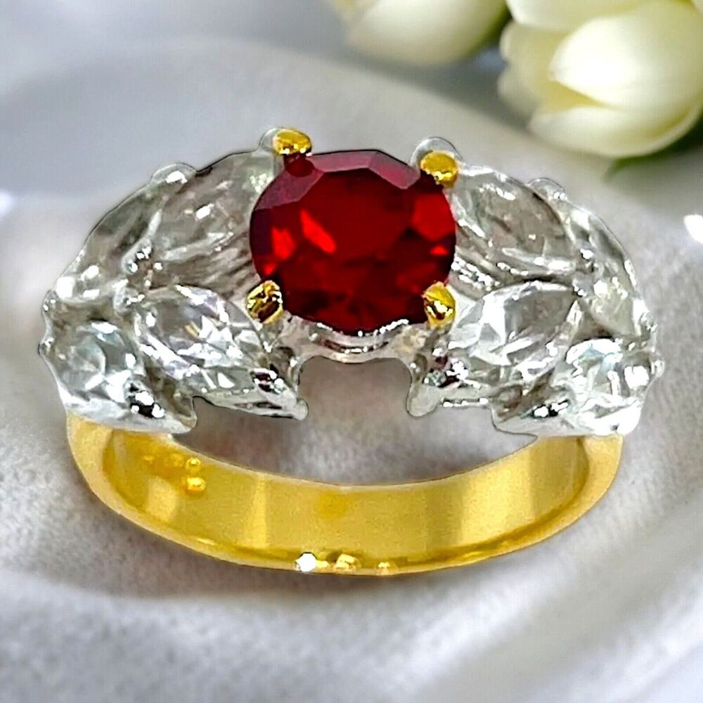 Vintage 1980s Ring Size 9 Ruby Red Austrian Crystal Marquise Gold Plated - 14M